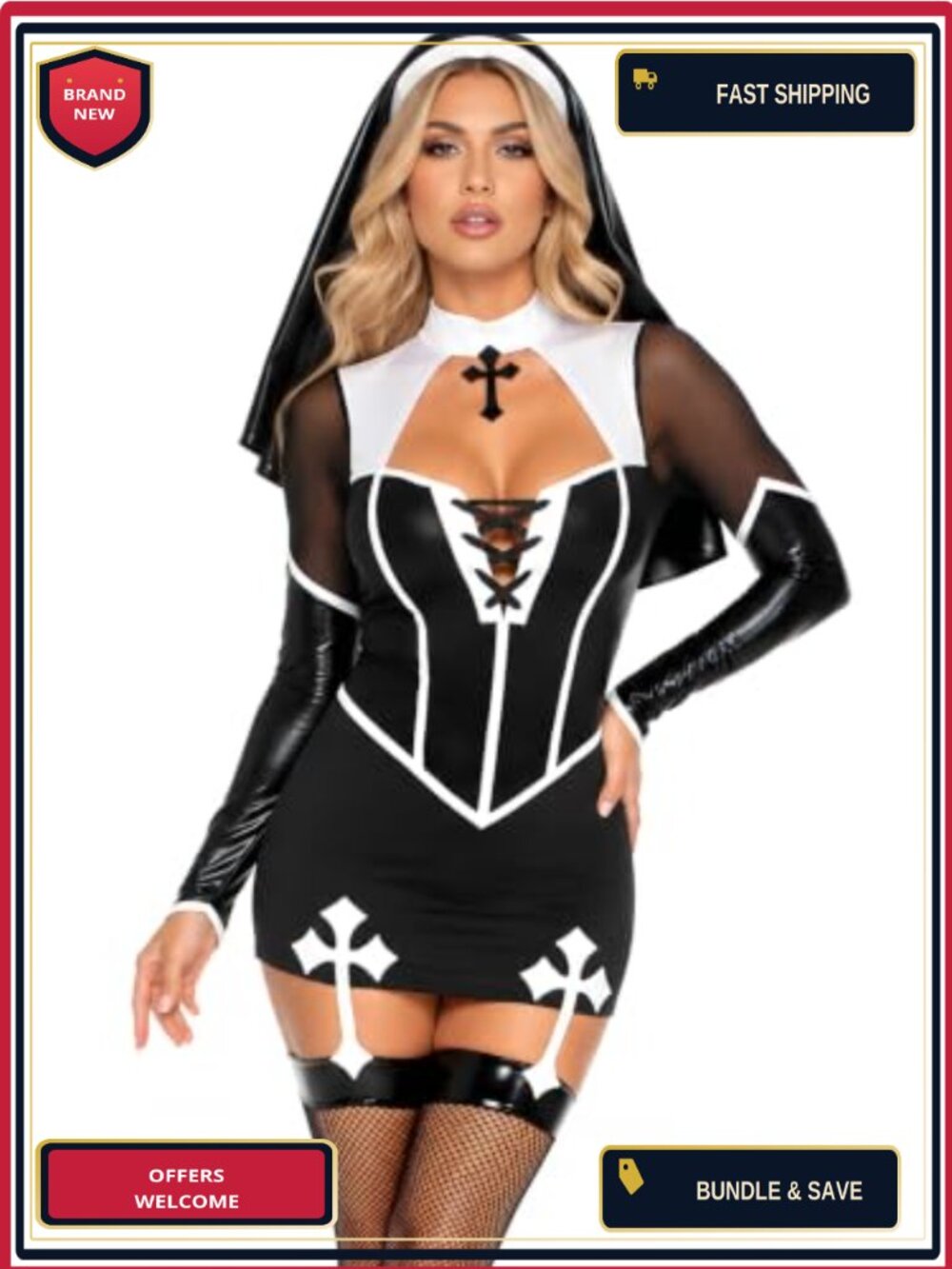 Leg Avenue Holy Hottie Nun Costume 2 PC Boned Garter Dress with Nun Habit
